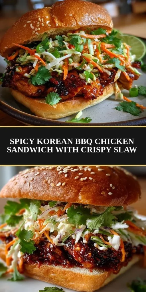 Spicy Korean BBQ Chicken Sandwich with crunchy slaw placed on a wooden table