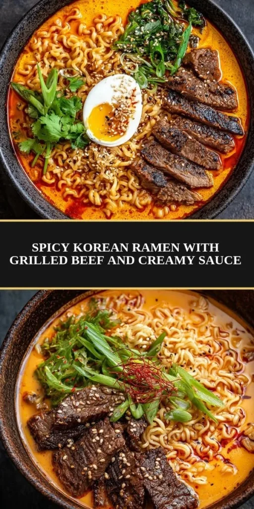 Spicy Korean ramen with grilled beef and creamy sauce served in a bowl.