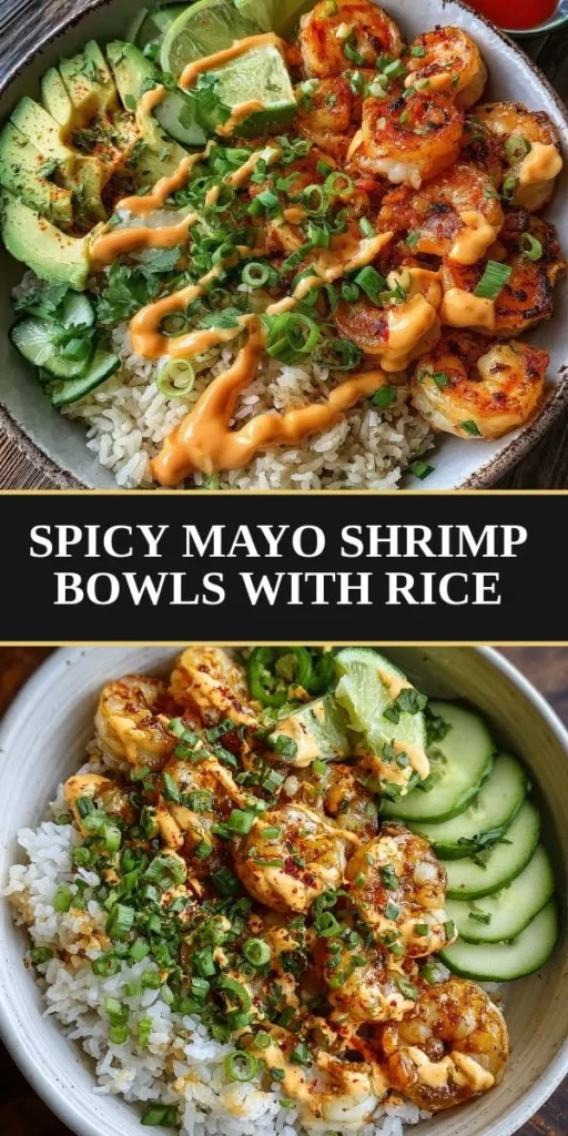 Delicious Spicy Mayo Shrimp Rice Bowl garnished with fresh vegetables and herbs.