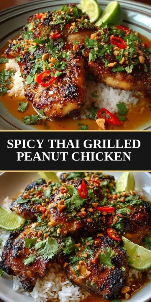Serving of Spicy Thai Grilled Peanut Chicken garnished with fresh herbs