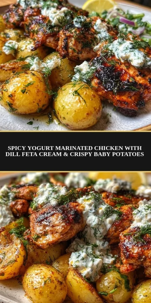 Spicy yogurt marinated chicken with dill feta cream and crispy baby potatoes