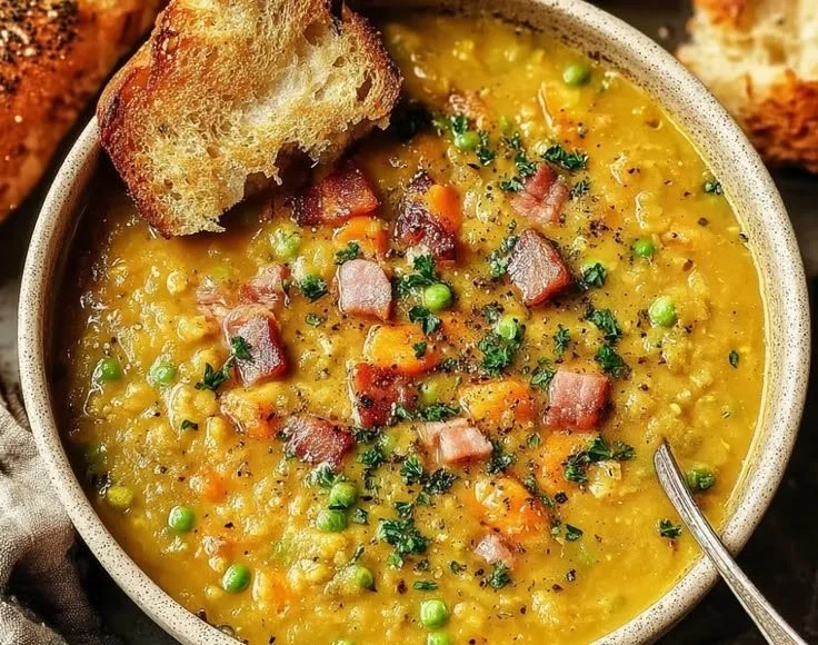 Bowl of hearty split pea soup with vegetables and herbs