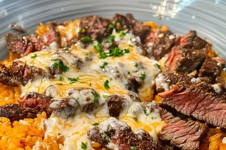 Delicious Steak and Queso Rice Bowl topped with fresh ingredients