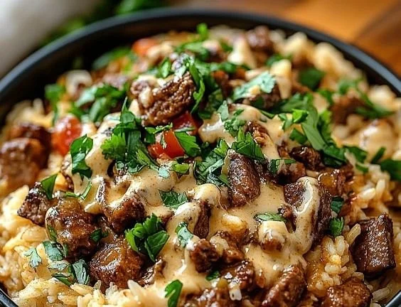 Delicious Steak Queso Rice served in a bowl with toppings.