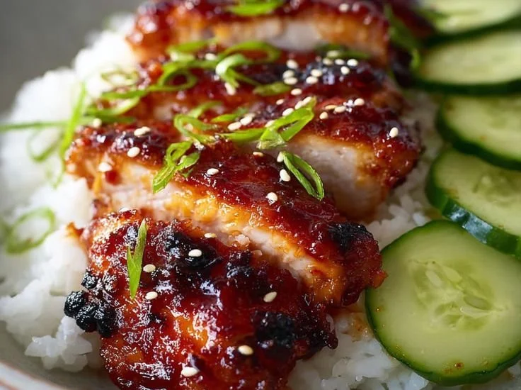 Sticky Honey Gochujang Chicken served on a plate with garnishes