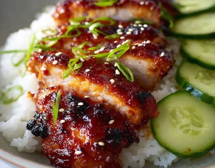 Sticky Honey Gochujang Chicken garnished with scallions on a plate