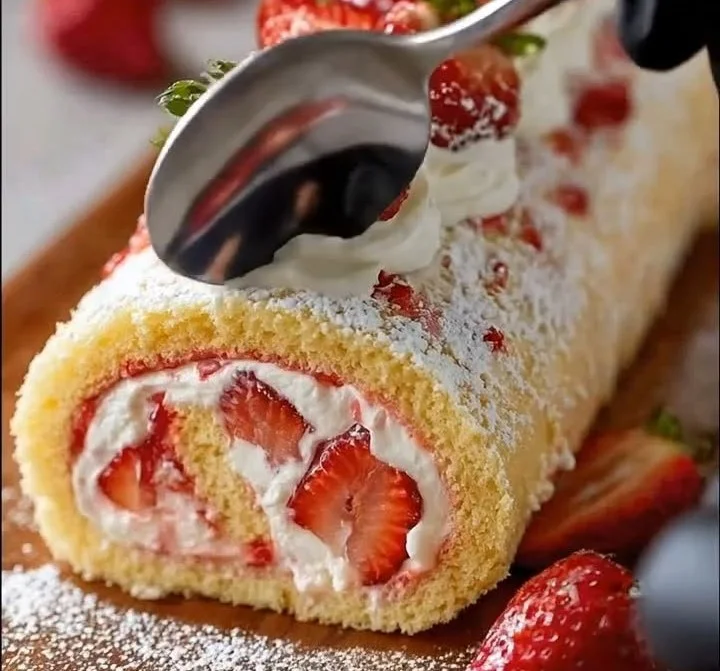Delicious Strawberry Shortcake Cake Roll topped with fresh strawberries and cream