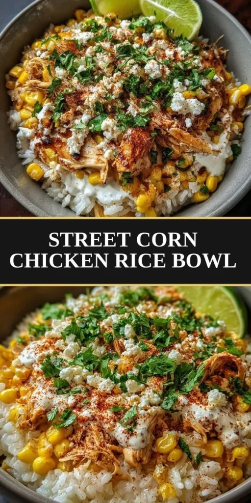Delicious street corn chicken rice bowl topped with fresh ingredients