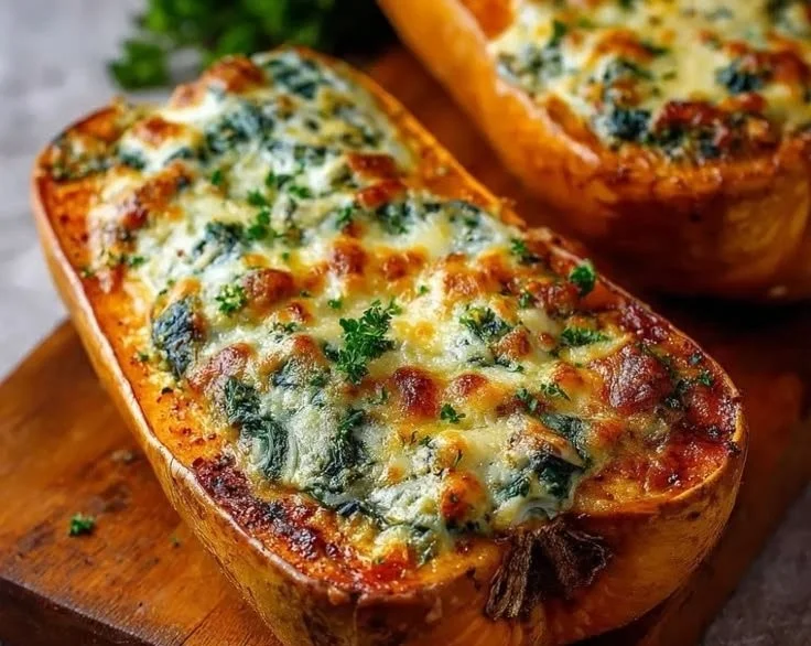 Stuffed butternut squash with spinach and turkey bacon, served on a plate