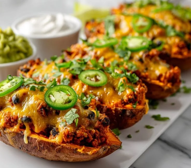 Sweet potato boats topped with ground turkey and black beans for a healthy meal