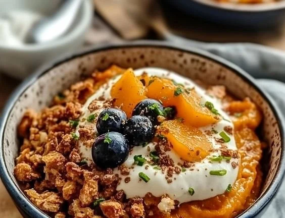 Sweet Potato Breakfast Bowl topped with nuts and berries