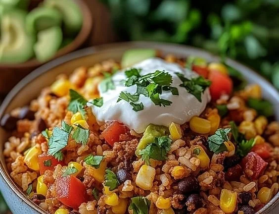 Delicious Taco Rice Bowl filled with seasoned meat, rice, and fresh toppings