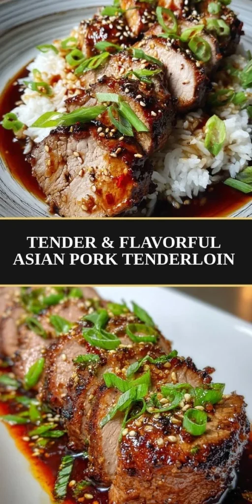 Asian-style pork tenderloin displayed on a plate with garnishes