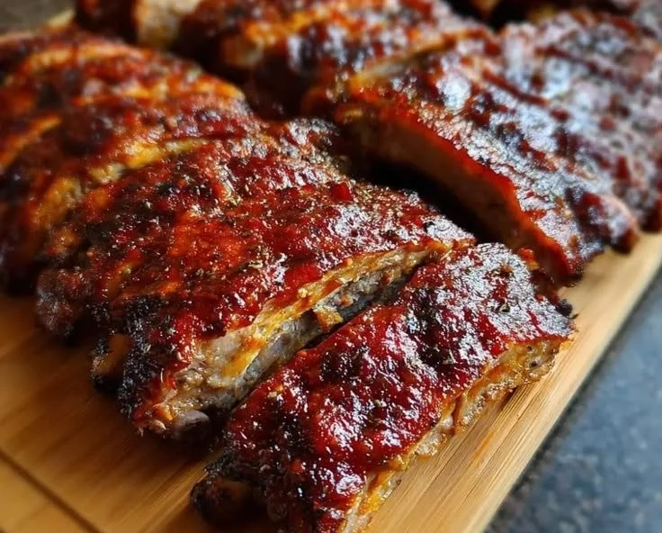 Plate of tender oven-baked ribs glazed with barbecue sauce