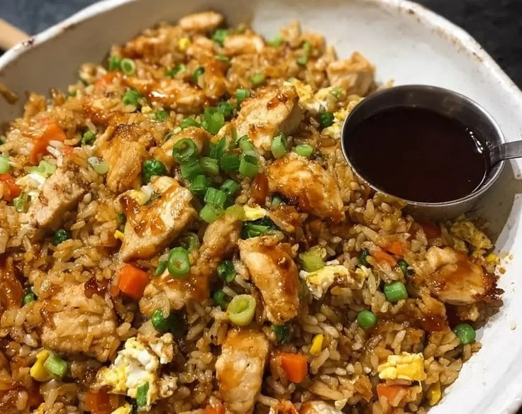 Delicious teriyaki chicken fried rice in a bowl garnished with green onions.