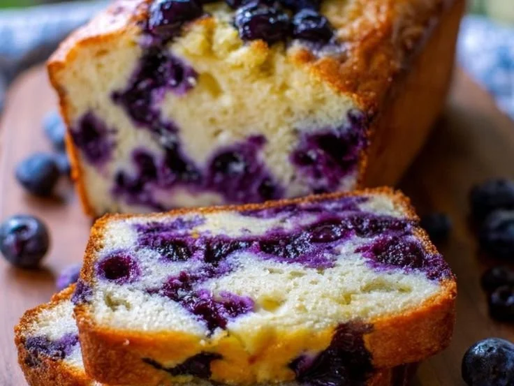 Viral blueberry cottage cheese loaf sliced on a cutting board