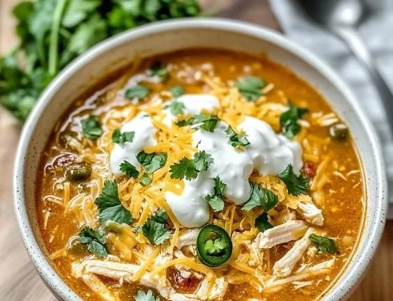 Creamy white chicken chili topped with cheese, served in a bowl