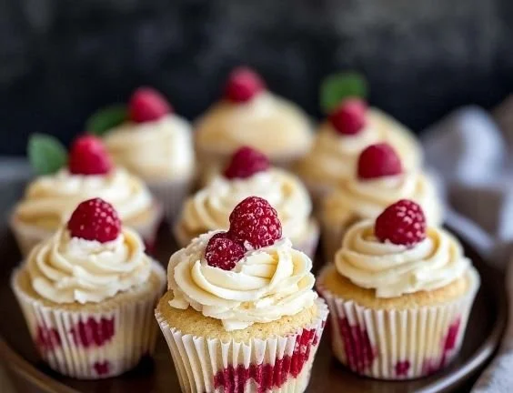 Delicious white chocolate raspberry cupcakes with frosting and fresh raspberries