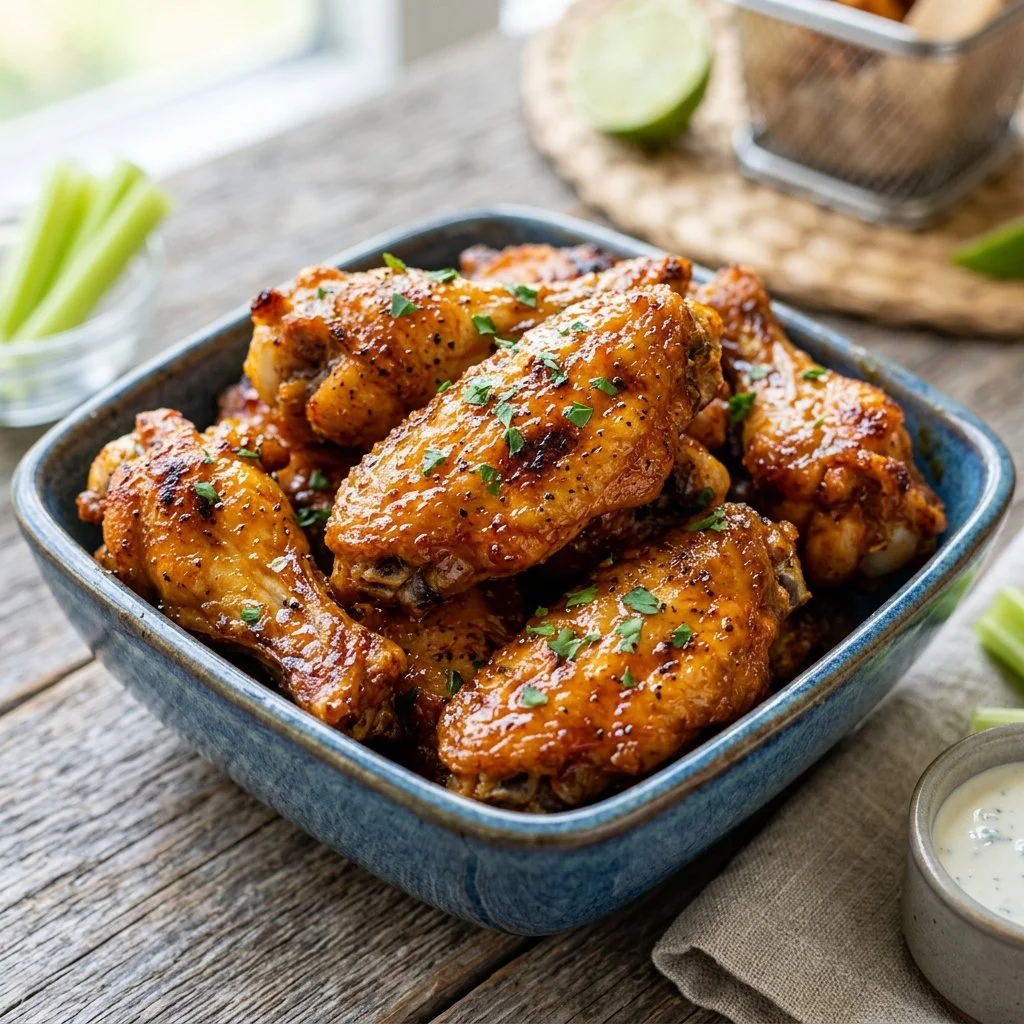 Crispy Air Fryer chicken wings served with dipping sauces