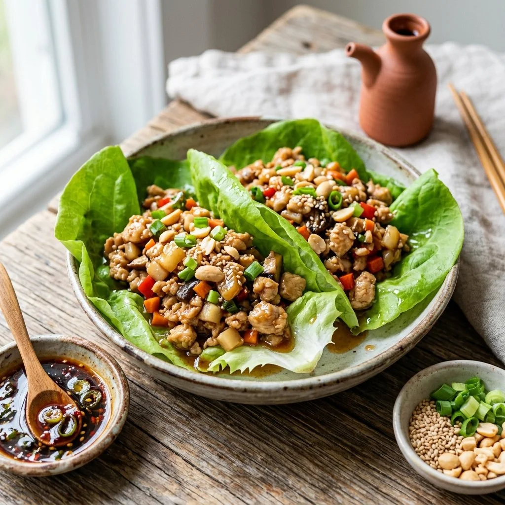 Delicious Asian chicken lettuce wraps served with fresh ingredients