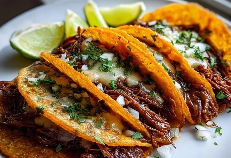 Delicious authentic Birria Tacos with beef served on a plate