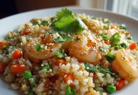 Authentic shrimp fried rice with vegetables and seasoning served in a bowl