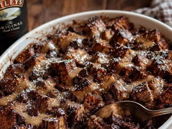 Delicious Baileys Chocolate Bread Pudding served in a dish