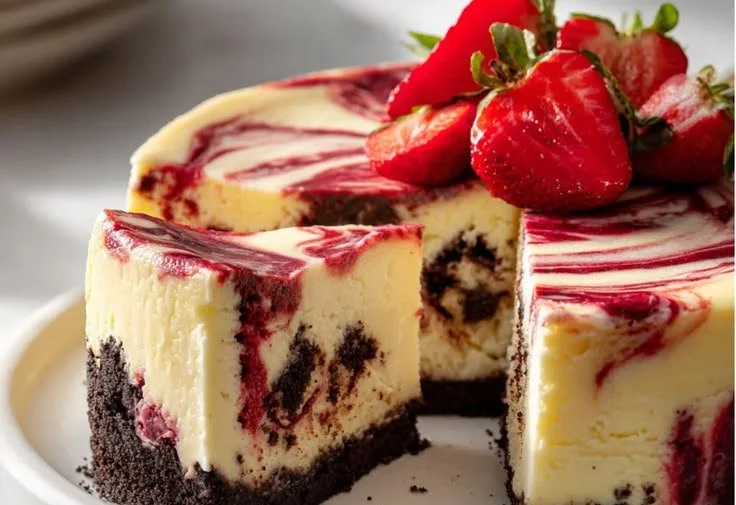 Delicious strawberry cheesecake swirl with fresh strawberries and creamy filling