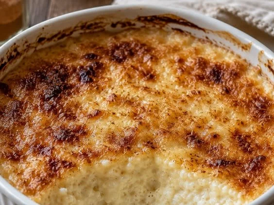 Delicious baked rice pudding served in a white dish with a sprinkle of cinnamon