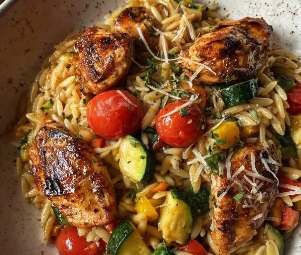 Balsamic Chicken served with Veggie Orzo on a plate