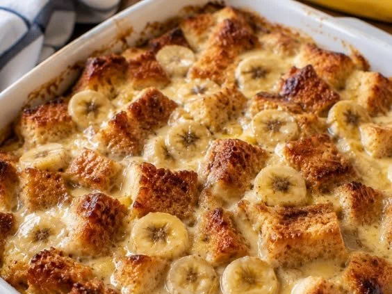Delicious banana bread pudding with a creamy texture served in a bowl.