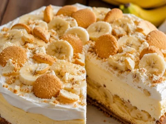 Delicious banana pudding cheesecake topped with whipped cream and banana slices.