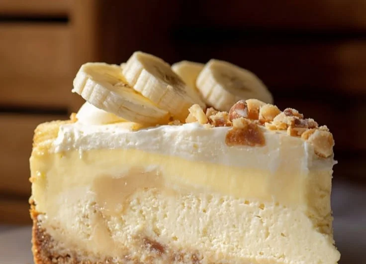 Delicious slice of Banana Pudding Cheesecake with whipped cream and banana slices