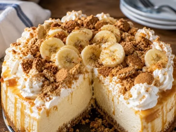 Delicious Banana Pudding Cheesecake with a crunchy topping served on a plate