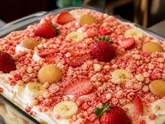 Delicious banana pudding topped with strawberry crunch in a serving dish