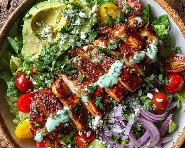 BBQ chicken salad topped with avocado dressing served in a bowl