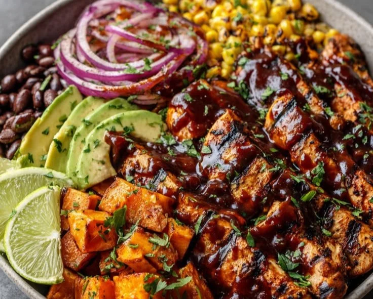BBQ Chicken Sweet Potato Bowl with colorful toppings and healthy ingredients