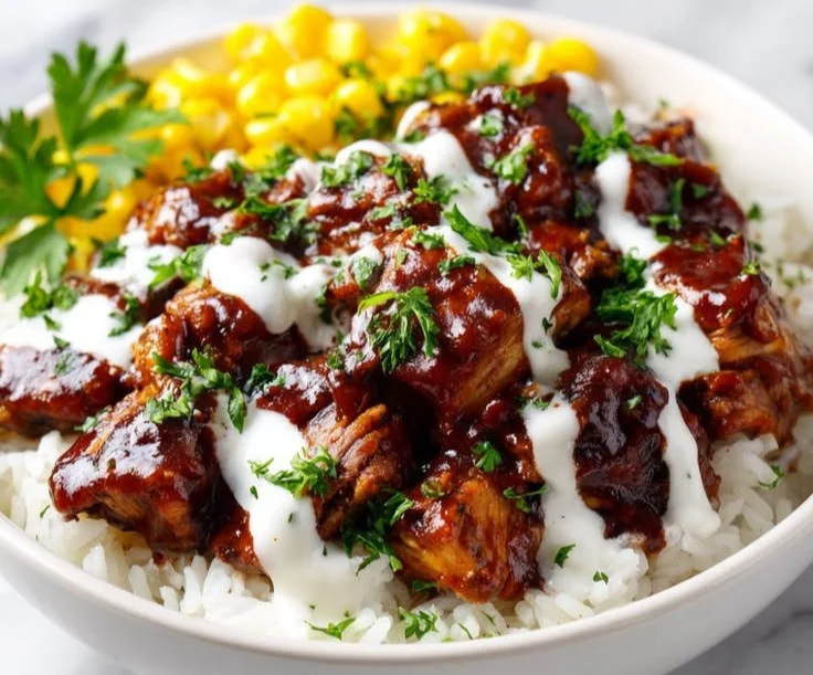 Delicious BBQ Ranch Chicken bowl topped with fresh ingredients and ranch dressing.