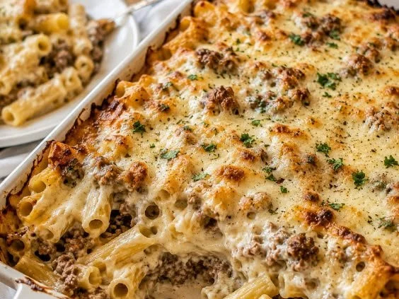 Delicious Beef Alfredo Ziti casserole topped with cheese served in a baked dish