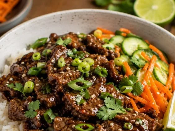Beef rice bowl with honey soy sauce served on a wooden table