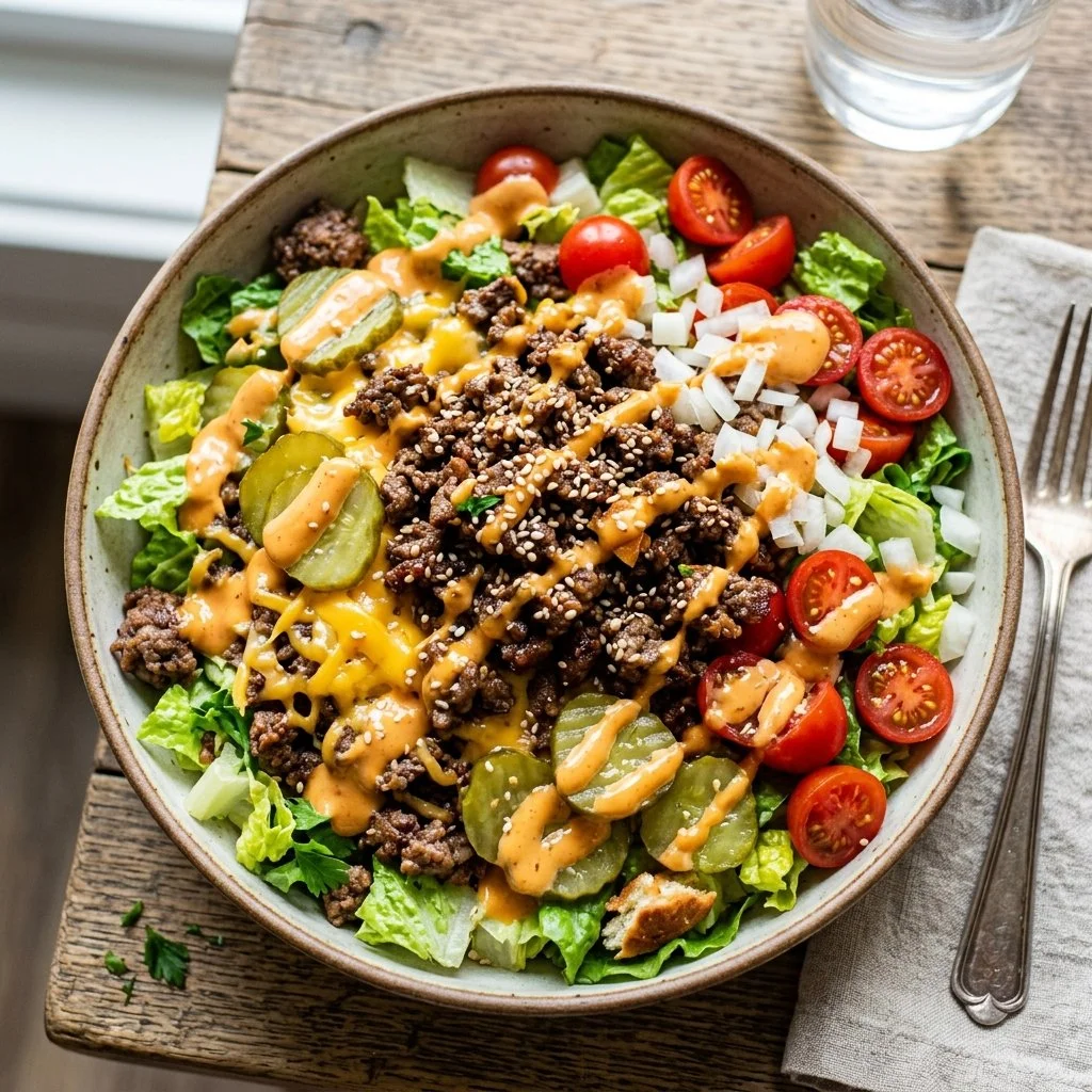 Fresh Big Mac Salad with lettuce, cheese, and special sauce, inspired by the classic burger.