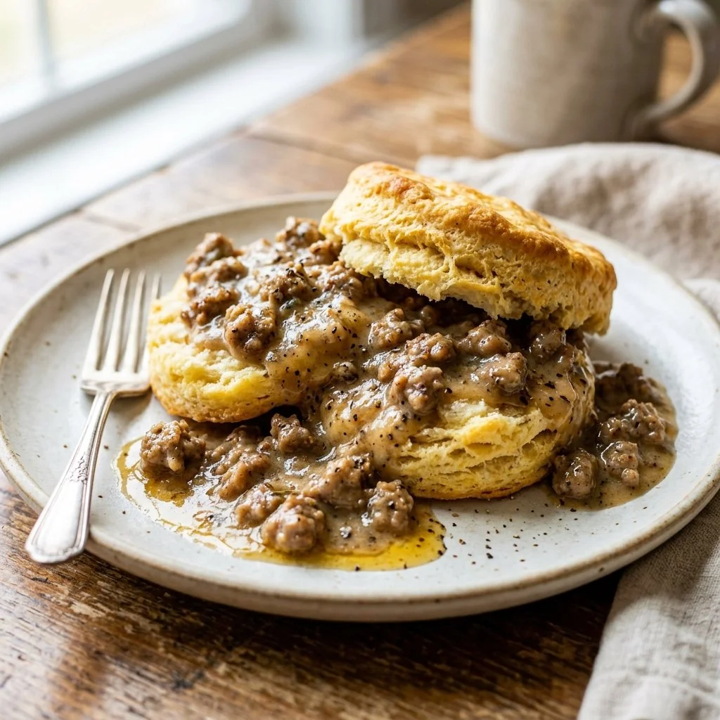 Delicious homemade biscuits and gravy with creamy sausage sauce