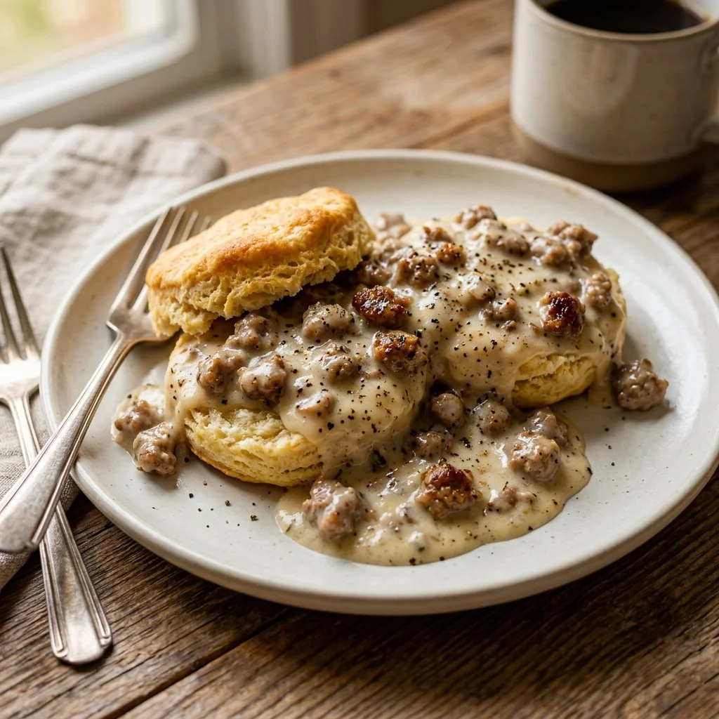 Delicious plate of homemade biscuits and gravy topped with sausage and herbs.