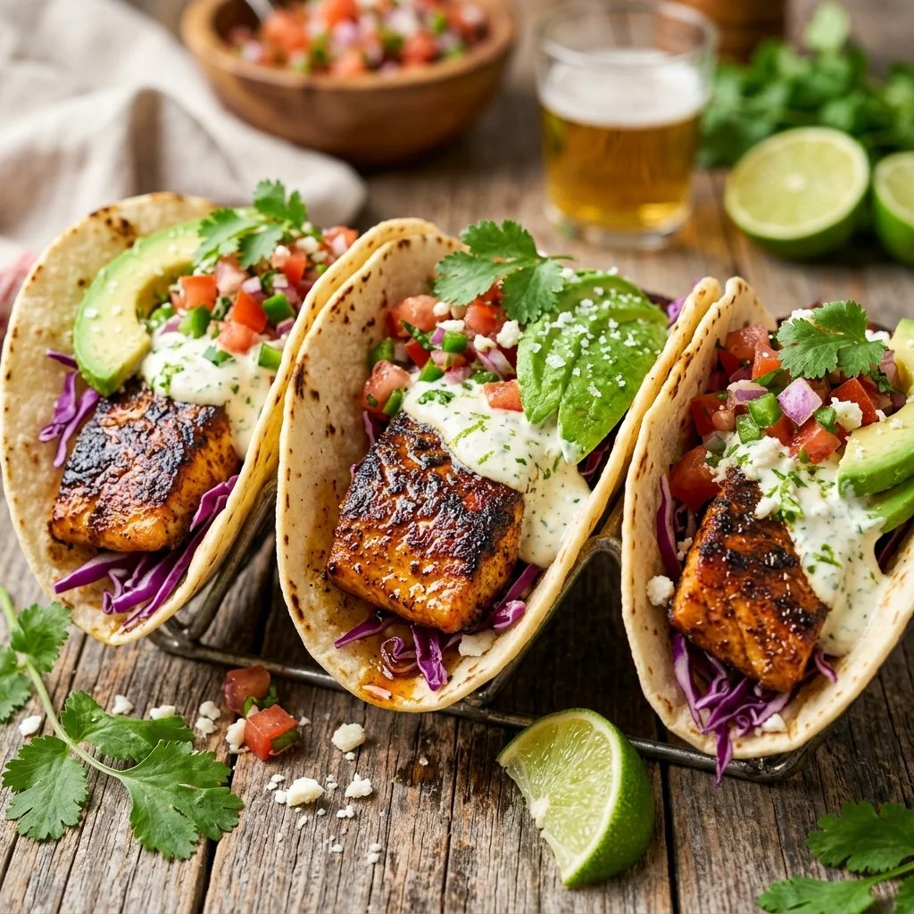 Blackened salmon tacos with fresh toppings and vibrant colors