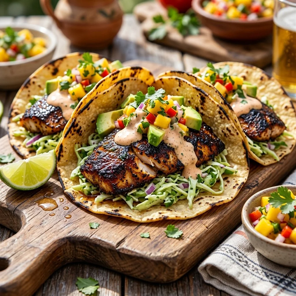 Blackened tilapia tacos garnished with fresh ingredients