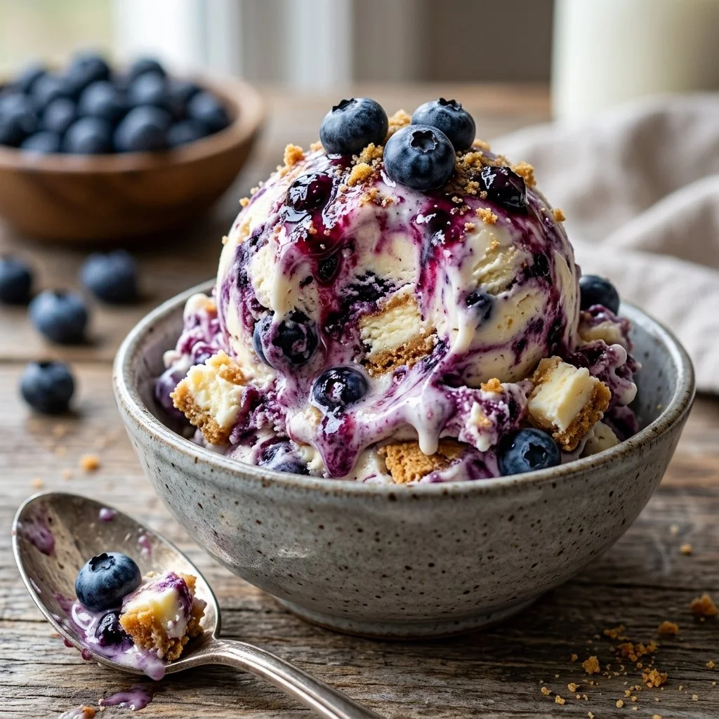 Blueberry cheesecake ice cream served in a bowl with fresh blueberries on top