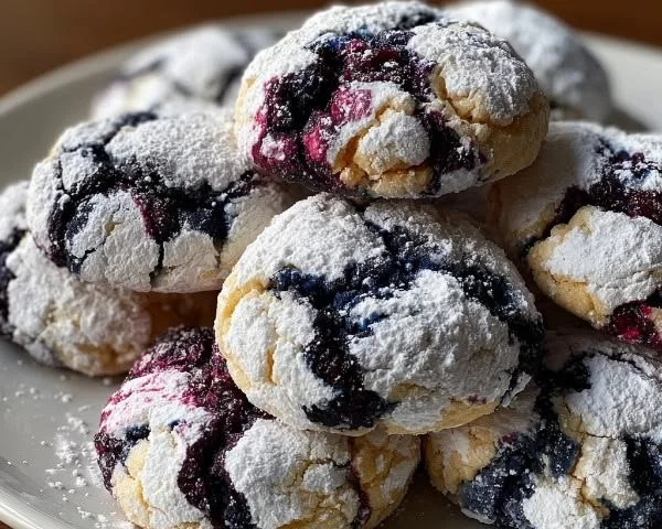 Freshly baked Blueberry Lemon Crinkle Cookies on a cooling rack