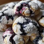 Freshly baked blueberry lemon crinkle cookies on a cooling rack