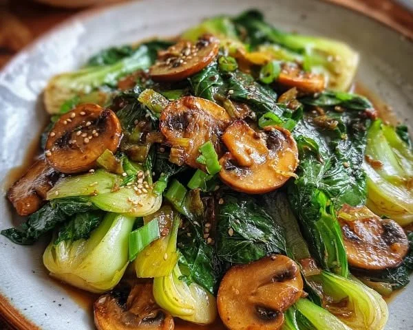 Bok Choy and mushroom stir-fry dish served in a bowl