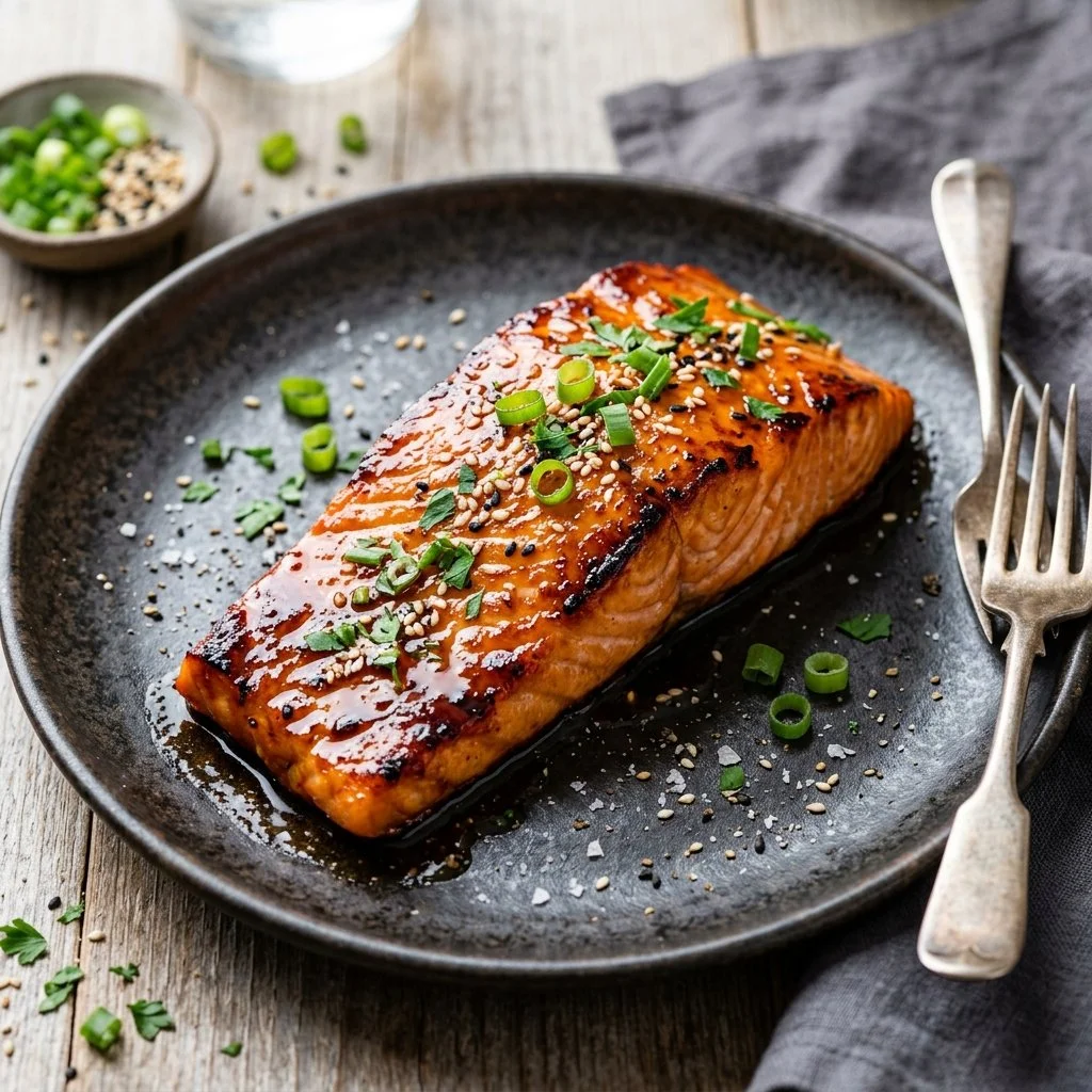 Bourbon Glazed Salmon served on a plate with herbs and citrus garnish